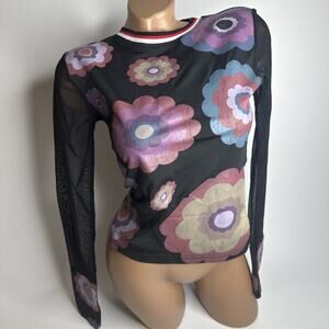 Vintage Y2K Kaily Womens Small Floral Mesh Long Sleeve Top Mod Print Grunge